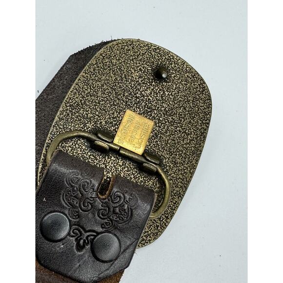 Allison Daniel Designs Brown Tooled Leather Belt Navy Gold Lobster Buckle Sz 38 - Picture 6 of 8